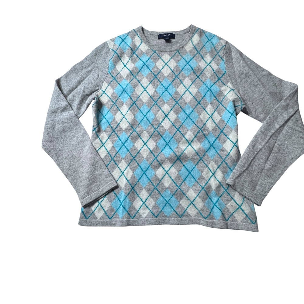 Lands End Cashmere Sweater Womens S 6-8 Grey Blue Argyle Preppy Academic Classic